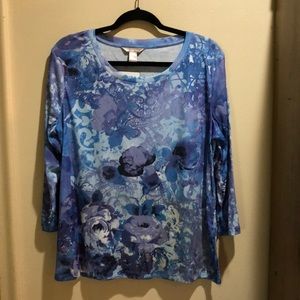 White stag blue and purple floral print knit top
